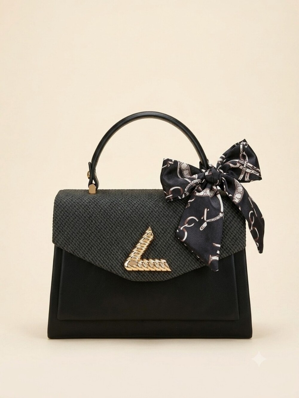 Black Structured Top-Handle Bag with Gold Accent (Mystery Gift Inside)